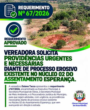 Vereadora solicita providências urgentes e necessárias diante de processo erosivo existente no Núcleo 02 do Assentamento Esperança, 